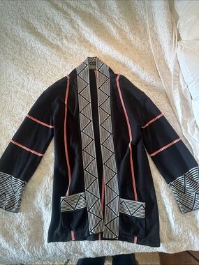 Ezekiel - Black Open Cardigan with Geometric Trim - Size M